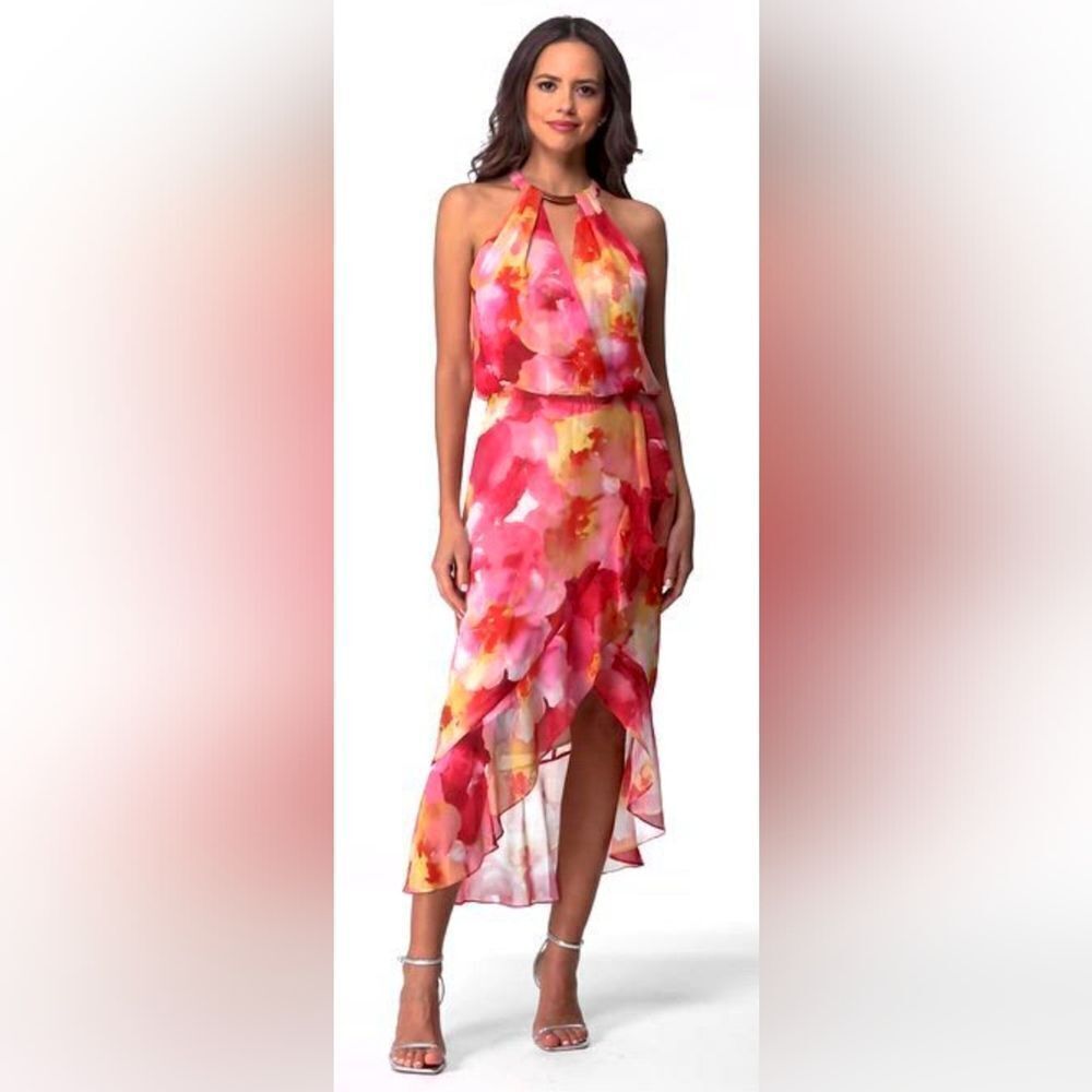 XSCAPE Petites Floral-Print Halter High-Low Dress NWT Size 10P Pink